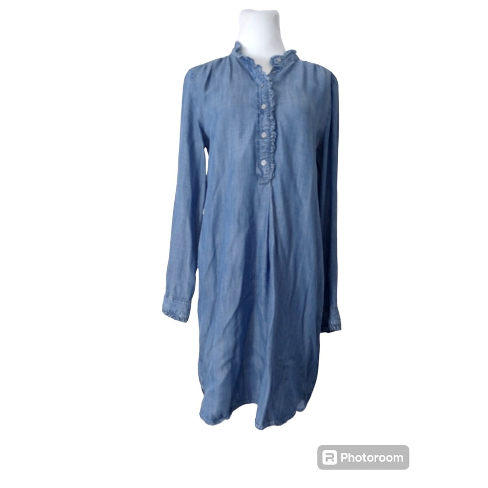 Loft Sz S  Tunic Shirt Dress Jean Denim Chambray Long Sleeve Pockets Classic